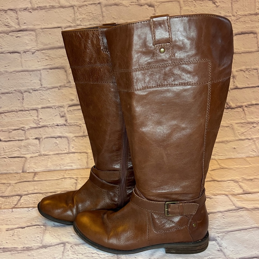 Women's Tall Brown Leather Riding Boots with Buckle Detail
